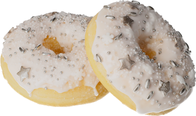 Leckerer Donut mit weißer und silberner Streudekoration mit silbernen Herzen.