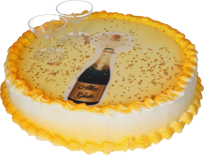 Torte mit Sektflasche aus Zuckerpapier und Plastikgläsern als Dekoration